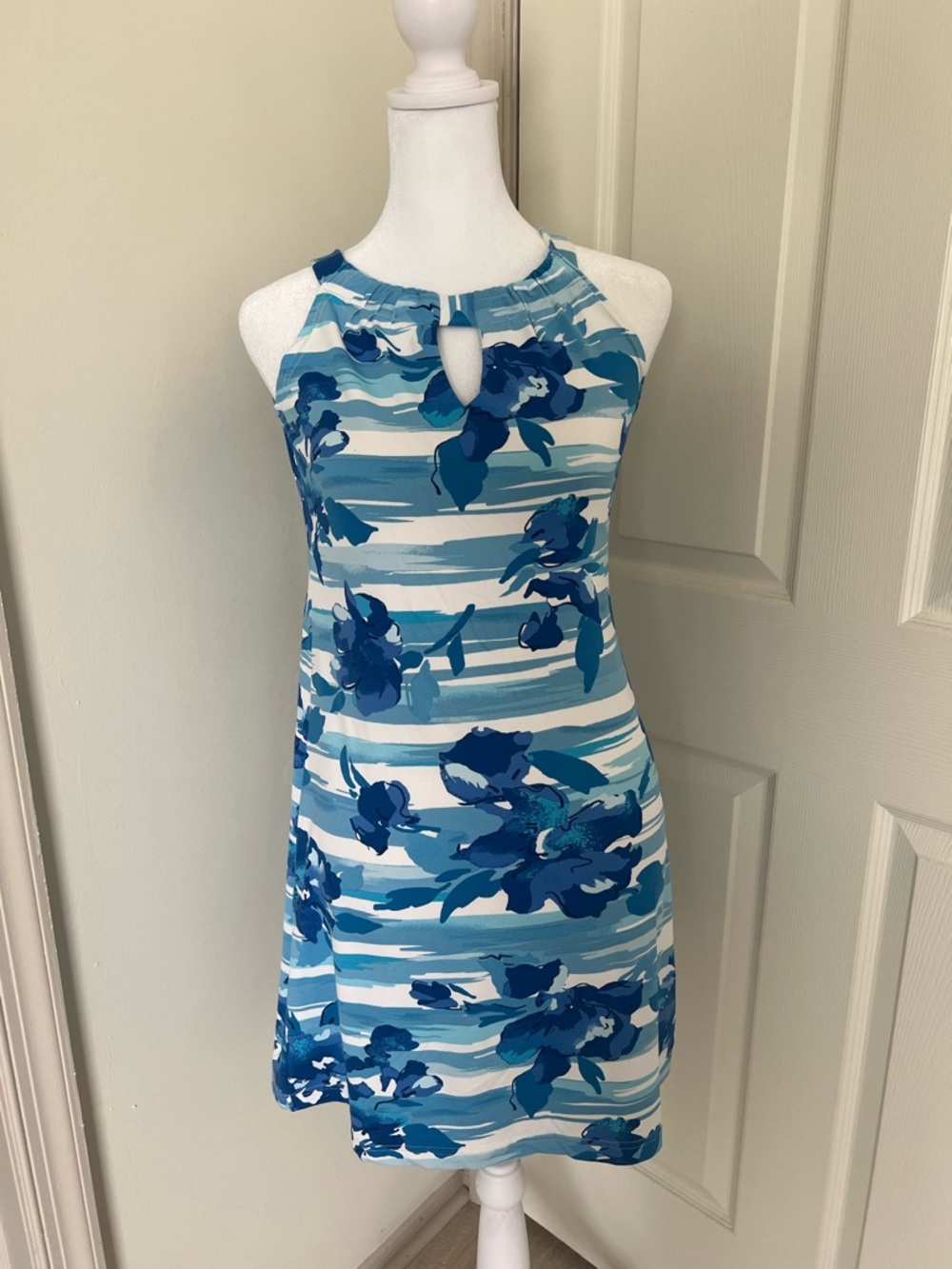 Blue Floral Halter Mini Dress with Keyhole Neck